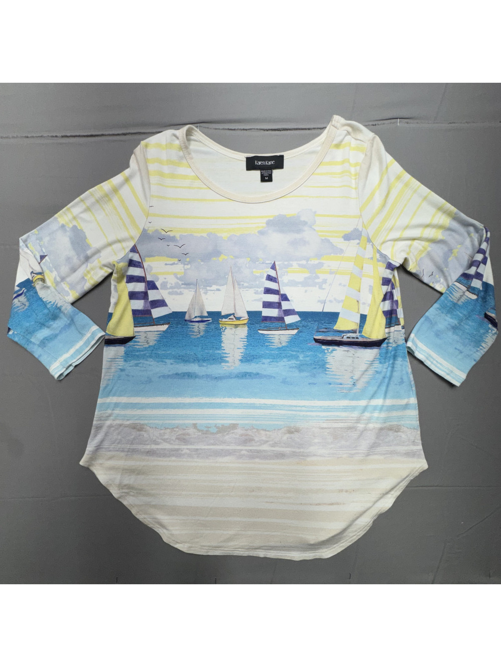 Karen Kane Women Adult M Sailboat Graphic Top 3/4 Sleeve Beach Art Scenic